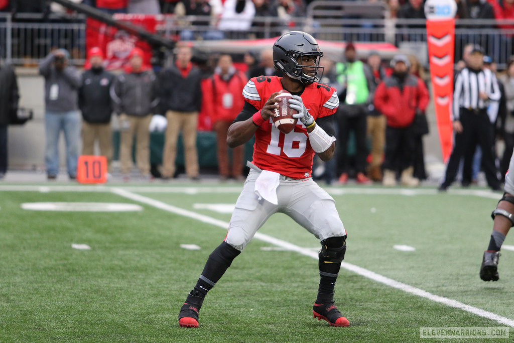 Ohio State's quarterback J.T. Barrett (16) warms up prior to NCAA football  action between the Ohio State Buckeyes and the Rutgers Scarlet Knights at  High Point Solution Stadium in Piscataway, New Jersey.