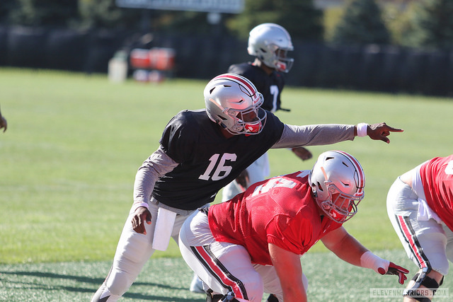 J.T. Barrett pointing to where he'll put the statue