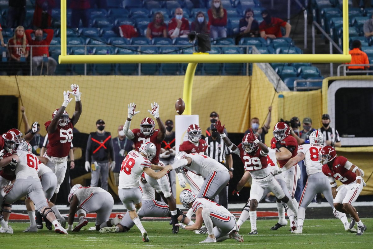 Jan. 11, 2021; Miami Gardens, Florida, USA; Ohio State Buckeyes place kicker Jake Seibert (98) kicks a 23-yard field goal during the second quarter of the College Football Playoff National Championship against the Alabama Crimson Tide at Hard Rock Stadium in Miami Gardens, Fla. Mandatory Credit: Kyle Robertson-USA TODAY Sports