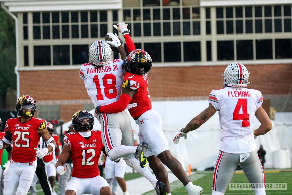 Wide receivers Marvin Harrison Jr. and Julian Fleming of The Ohio State Buckeyes.