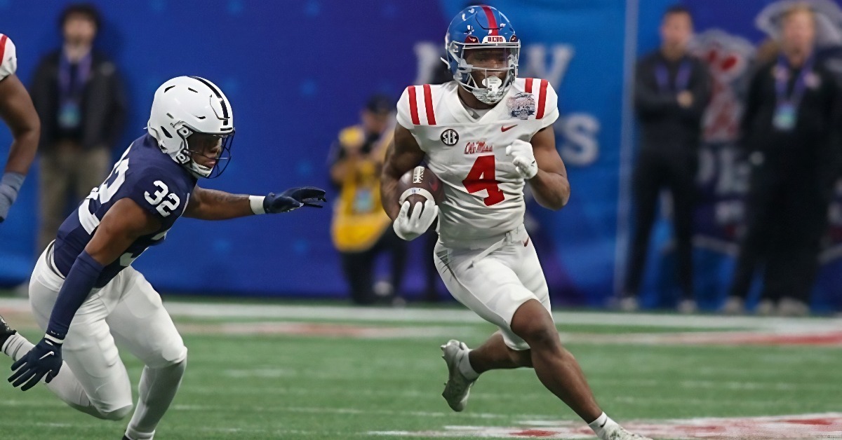 Dec 30, 2023; Atlanta, GA, USA; Mississippi Rebels running back Quinshon Judkins (4) runs the ball against the Penn State Nittany Lions in the second quarter at Mercedes-Benz Stadium. Mandatory Credit: Brett Davis-USA TODAY Sports