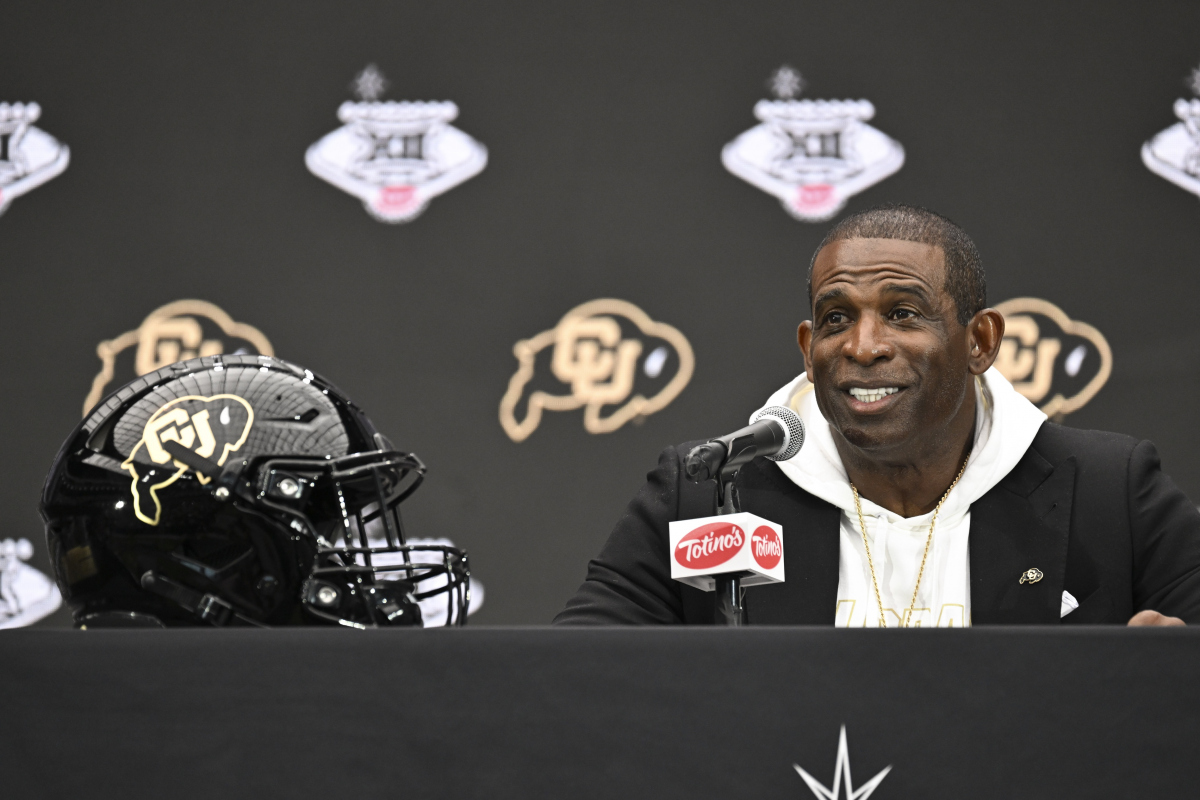 Jul 10, 2024; Las Vegas, NV, USA; Colorado Buffaloes head coach Deion Sanders speaks to the media during the Big 12 Media Days at Allegiant Stadium. Mandatory Credit: Candice Ward-USA TODAY Sports