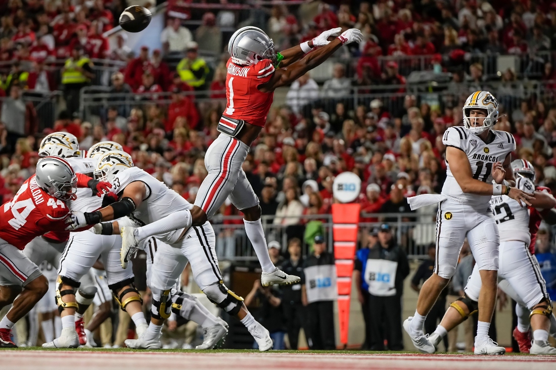 Sep 7, 2024; Columbus, Ohio, USA; Ohio State Buckeyes cornerback Davison Igbinosun (1) knocks down a pass by Western Michigan Broncos quarterback Hayden Wolff (11) during the first half of the NCAA football game at Ohio Stadium