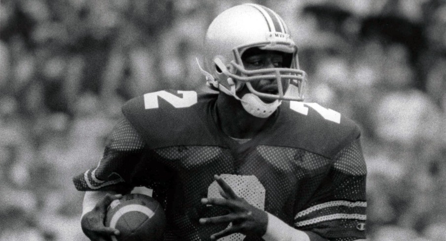 Oct 19, 1985; Columbus, OH, USA; FILE PHOTO; Ohio State Buckeyes receiver Cris Carter runs with the ball against the Purdue Boilermakers at Ohio Stadium. The Buckeyes beat the Boilermakers 41-27. Mandatory Credit: Malcolm Emmons- Imagn Images