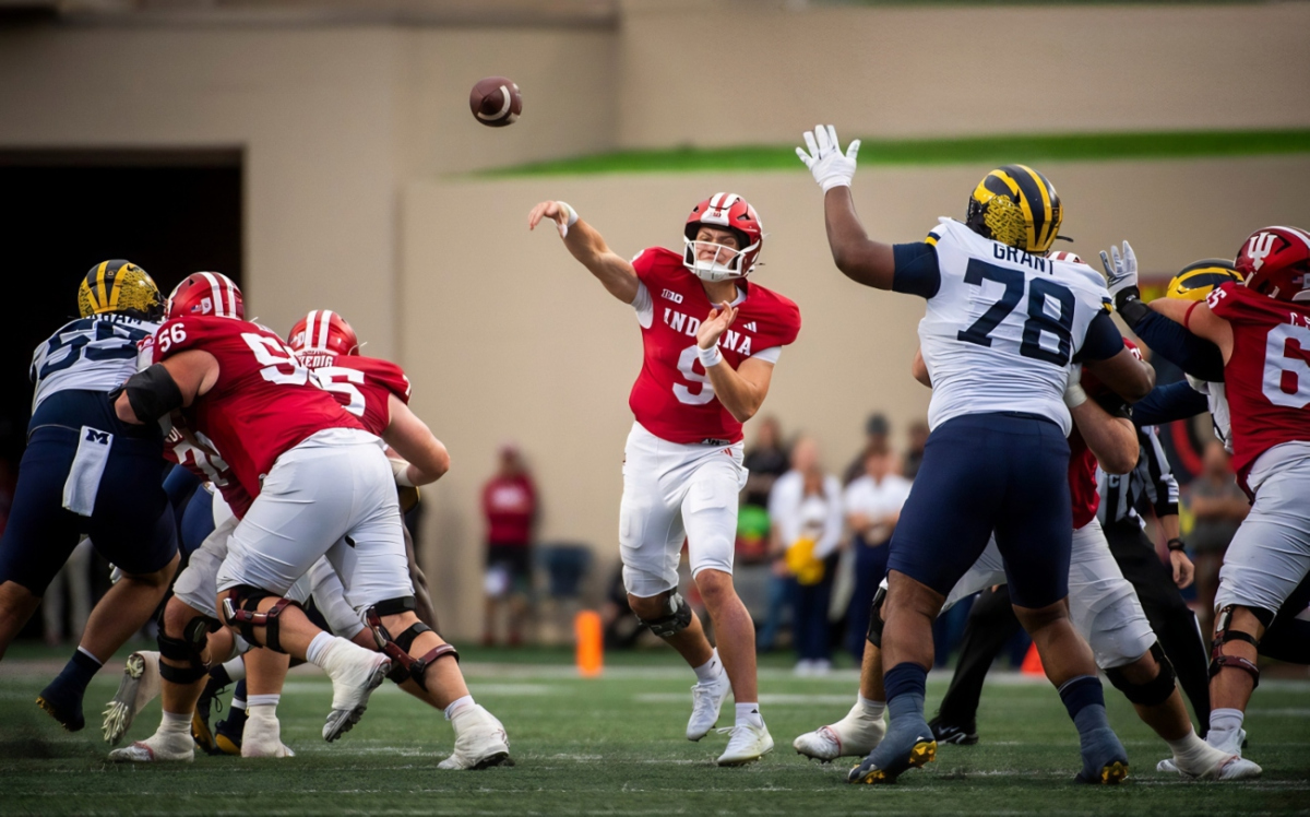 Indiana's Kurtis Rourke (9) passes during the Indiana versus Michigan football game at Memorial Stadium on Friday, Nov. 9, 2024.