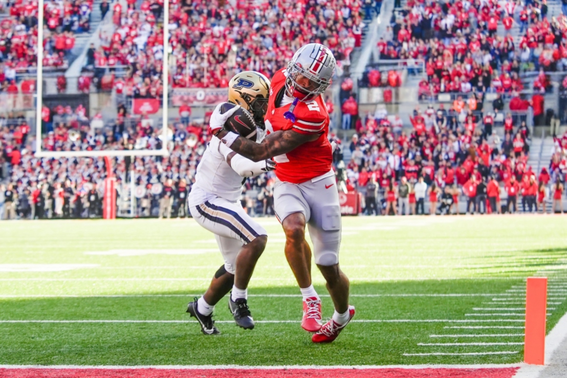 Ohio State Buckeyes wide receiver Emeka Egbuka (2) runs to the endzone against the Purdue Boilermakers in the second half at Ohio Stadium on Saturday, Nov. 9, 2024 in Columbus, Ohio.