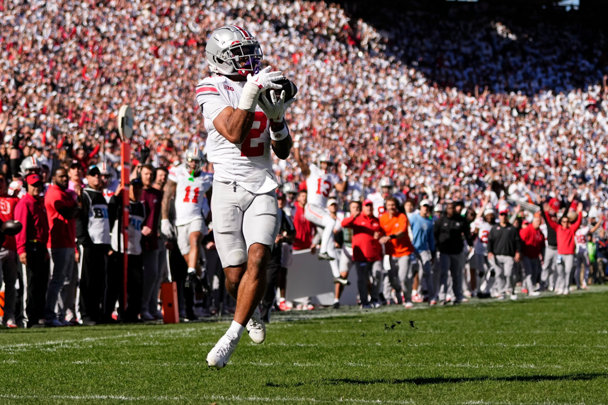 Ohio State Buckeyes wide receiver Emeka Egbuka (2) makes a touchdown catch during the first half of the NCAA football game against the Penn State Nittany Lions at Beaver Stadium in University Park, Pa. on Saturday, Nov. 2, 2024.