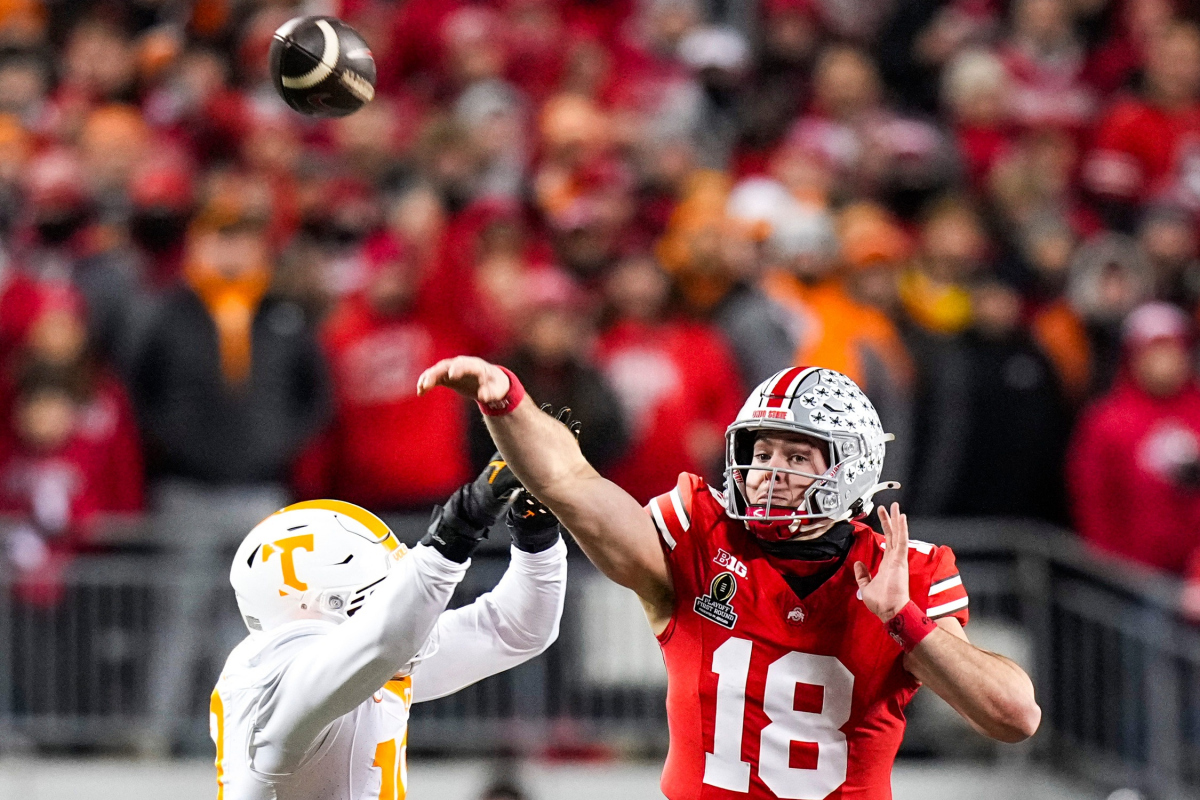 Ohio State Buckeyes quarterback Will Howard (18) passes the ball against the Tennessee Volunteers in the first half at Ohio Stadium on Saturday, Dec. 21, 2024 in Columbus, Ohio.