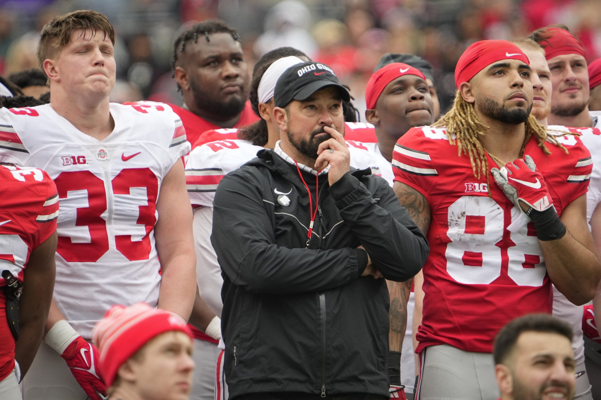 Ohio State 2022 spring football game featuring Jack Sawyer (left), Ryan Day (middle) and Gee Scott Jr. (right)