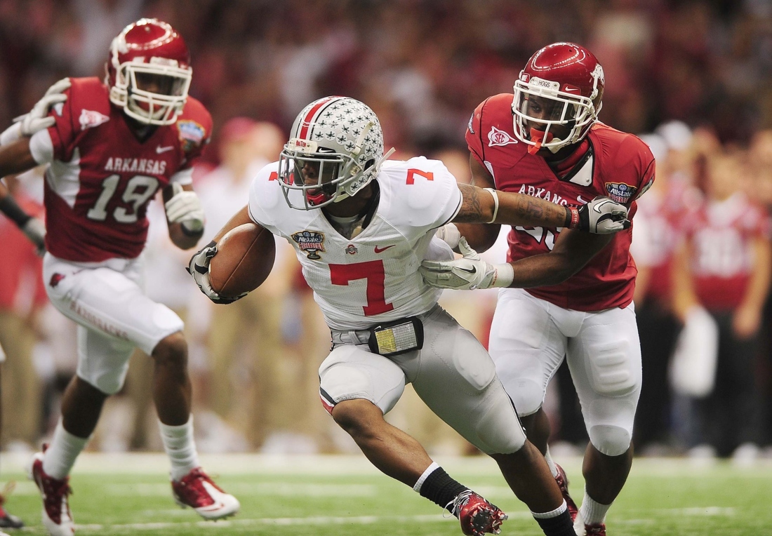 Jan. 4, 2011; New Orleans, LA, USA Ohio State Buckeyes running back Jordan Hall (7) against the Arkansas Razorbacks during the 2011 Sugar Bowl at the Louisiana Superdome. Mandatory Credit: Andrew Weber-Imagn Images