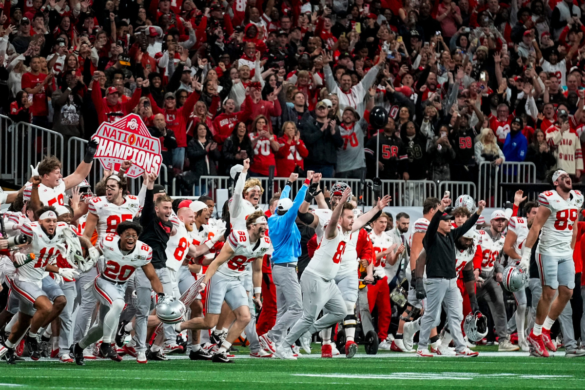 Ohio State Buckeyes celebrate after defeating Notre Dame Fighting Irish in the College Football Playoff championship at Mercedes-Benz Stadium in Atlanta on Jan. 20, 2025.