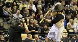 Purdue Pete bangs hammers.