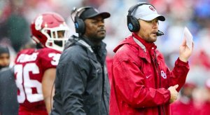 Dec 3, 2016; Norman, OK, USA; Oklahoma Sooners offensive coordinator Lincoln Riley (right) during the game against the Oklahoma State Cowboys at Gaylord Family - Oklahoma Memorial Stadium. Mandatory Credit: Kevin Jairaj-USA TODAY Sports