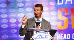 Jul 13, 2017; Charlotte, NC, USA; Clemson Tigers head coach Dabo Swinney speaks to the media during the ACC Kickoff at the Westin Charlotte. Mandatory Credit: Jeremy Brevard-USA TODAY Sports