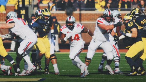 Carlos Hyde rips off yardage against Michigan running Ohio State's tight inside zone run.