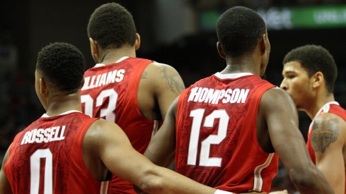 The Buckeyes gather in a huddle.