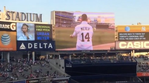 Urban Meyer throws out the first pitch at Yankee Stadium