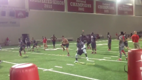 J.T. Barrett works on his footwork.