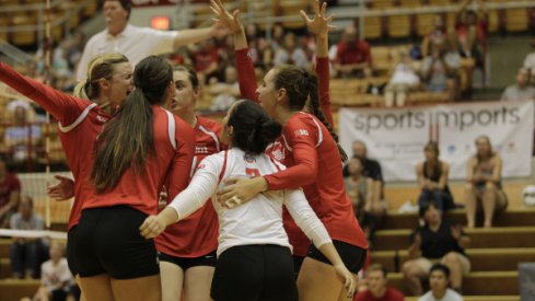 Ohio State's women's volleyball team celebrates a win.