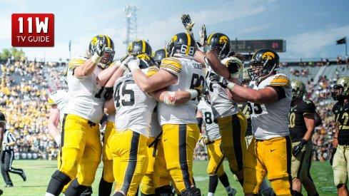 September 27, 2014: Iowa Hawkeyes offense celebrates a touchdown during a football game between the Purdue Boilermakers and Iowa Hawkeyes at Ross-Ade Stadium in West Lafayette, IN.