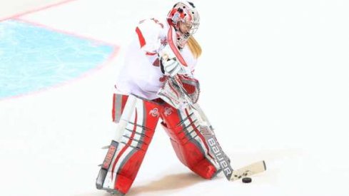 Ohio State goalie Stacy Danczak keeps her net clear.