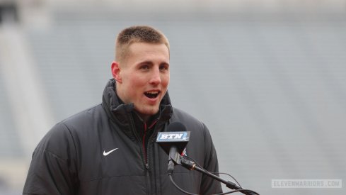 Former Ohio State tight end Jeff Heuerman speaking at the Buckeyes' national championship celebration in January, 2015.