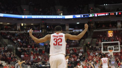 Trevor Thompson pumps up the crowd in Ohio State's win over Northwestern on Tuesday.