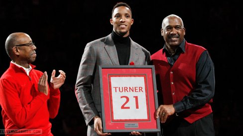 Evan Turner's No. 21 hangs from the Value City Arena rafters.