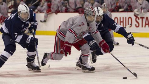 Ohio State's Nick Schilkey splits the Penn State defenders.