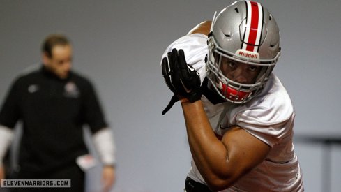 Dre'Mont Jones works out at Ohio State's first spring practice.