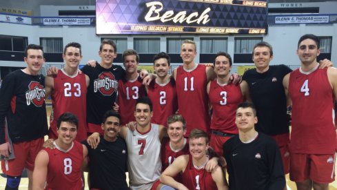 The men's volleyball team celebrates a huge win over No. 1 Long Beach State