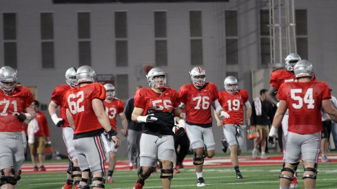 Ohio State's offensive line during Tuesday's spring practice.