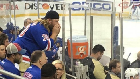 Nick Mangold seen screaming at Sidney Crosby at Tuesday night's New York Rangers–Pittsburgh Penguins Stanley Cup playoff game.