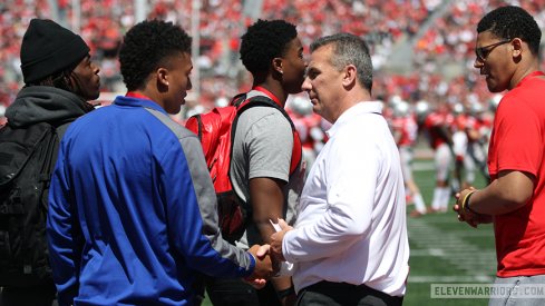 Kellen Mond and Urban Meyer at the Ohio State spring game.