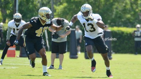 Michael Thomas and Vonn Bell go one-on-one in Saints rookie camp Saturday.