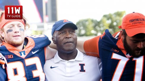 Sep 3, 2016; Champaign, IL, USA; Illinois Fighting Illini wide receiver Samuel Harlib (82) and Illinois Fighting Illini offensive lineman Joe Spencer (71) celebrate with head coach Lovie Smith after the game against the Murray State Racers at Memorial Stadium. Illinois defeated Murray State 52 to 3. Mandatory Credit: Mike Granse-USA TODAY Sports