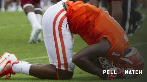 Sep 10, 2016; Clemson, SC, USA; Clemson Tigers wide receiver Trevion Thompson (1) reacts after being injured on the play during the second half against the Troy Trojans at Clemson Memorial Stadium. Mandatory Credit: Joshua S. Kelly-USA TODAY Sports