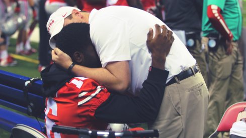 Tom Herman hugs J.T. Barrett before the Sugar Bowl. 