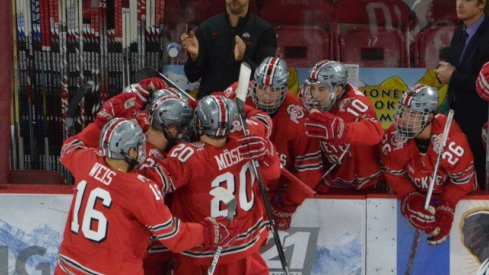 Ohio State men's hockey celebrates its win over Denver at the Ice Breaker Tournament.