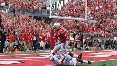 K.J. Hill flexes into the end zone against Bowling Green.