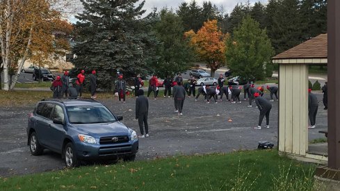 Ohio State conducting its morning walkthrough at the State College Ramada.