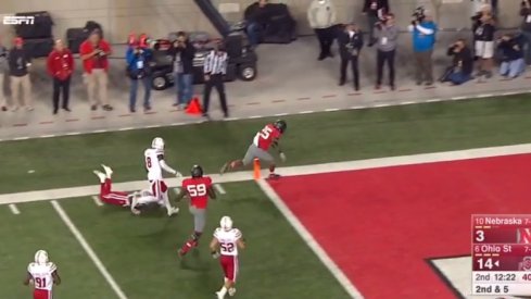 Mike Weber scores against Nebraska.