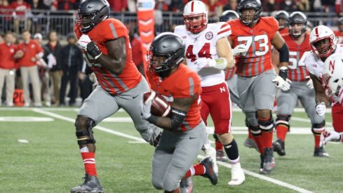 Mike Weber runs toward a first down against Nebraska.