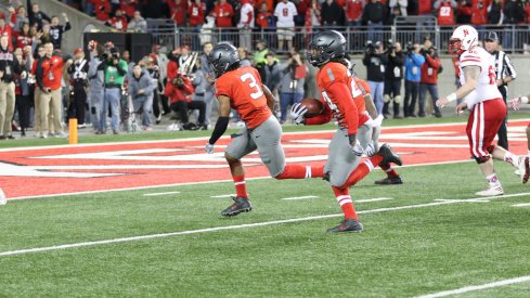 Malik Hooker returns an interception for a touchdown against Nebraska. 