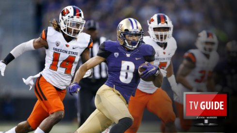 Oct 22, 2016; Seattle, WA, USA; Washington Huskies wide receiver Dante Pettis (8) picks up yards after the catch against the Oregon State Beavers during the third quarter at Husky Stadium. Pettis had 112 yards and two touchdowns and Washington won 41-17. Mandatory Credit: Jennifer Buchanan-USA TODAY Sports