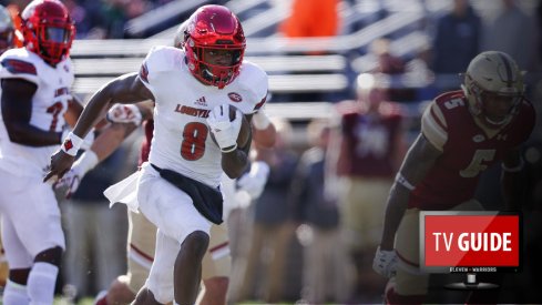 Nov 5, 2016; Boston, MA, USA; Louisville Cardinals quarterback Lamar Jackson (8) breaks free for a rushing touchdown during the third quarter against the Boston College Eagles at Alumni Stadium. The Louisville Cardinals won 52-7. Mandatory Credit: Greg M. Cooper-USA TODAY Sports