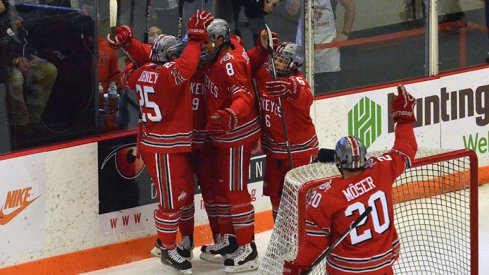 Ohio State men's hockey celebrates a goal against Rensselaer. 