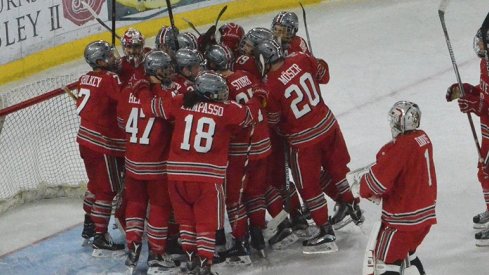 Ohio State men's hockey celebrates an 8-3 win over Minnesota.