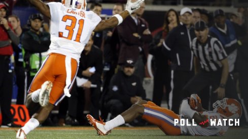 Dec 3, 2016; Orlando, FL, USA; Clemson Tigers cornerback Cordrea Tankersley (25) intercepted the ball as defensive back Ryan Carter (31) celebrates against the Virginia Tech Hokies during the second half of the ACC Championship college football game at Camping World Stadium. Clemson Tigers defeated the Virginia Tech Hokies 42-35. Mandatory Credit: Kim Klement-USA TODAY Sports