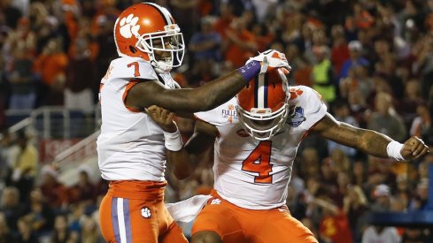 Mike Williams, Deshaun Watson celebrate a touchdown. 